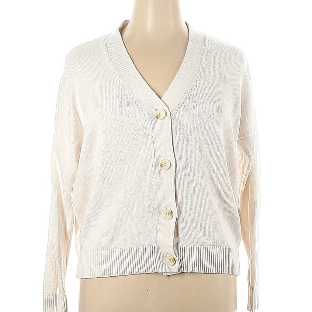 Ann Taylor LOFT V-Neck Cardigan, Dropped Shoulder, Cotton, Ivory, X-Large